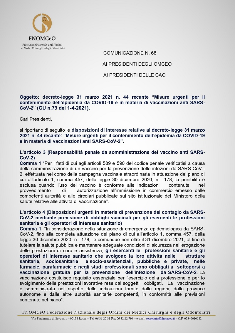 Comunicazione 68 della FNOMCeO sul D.L. del 31 marzo 2021