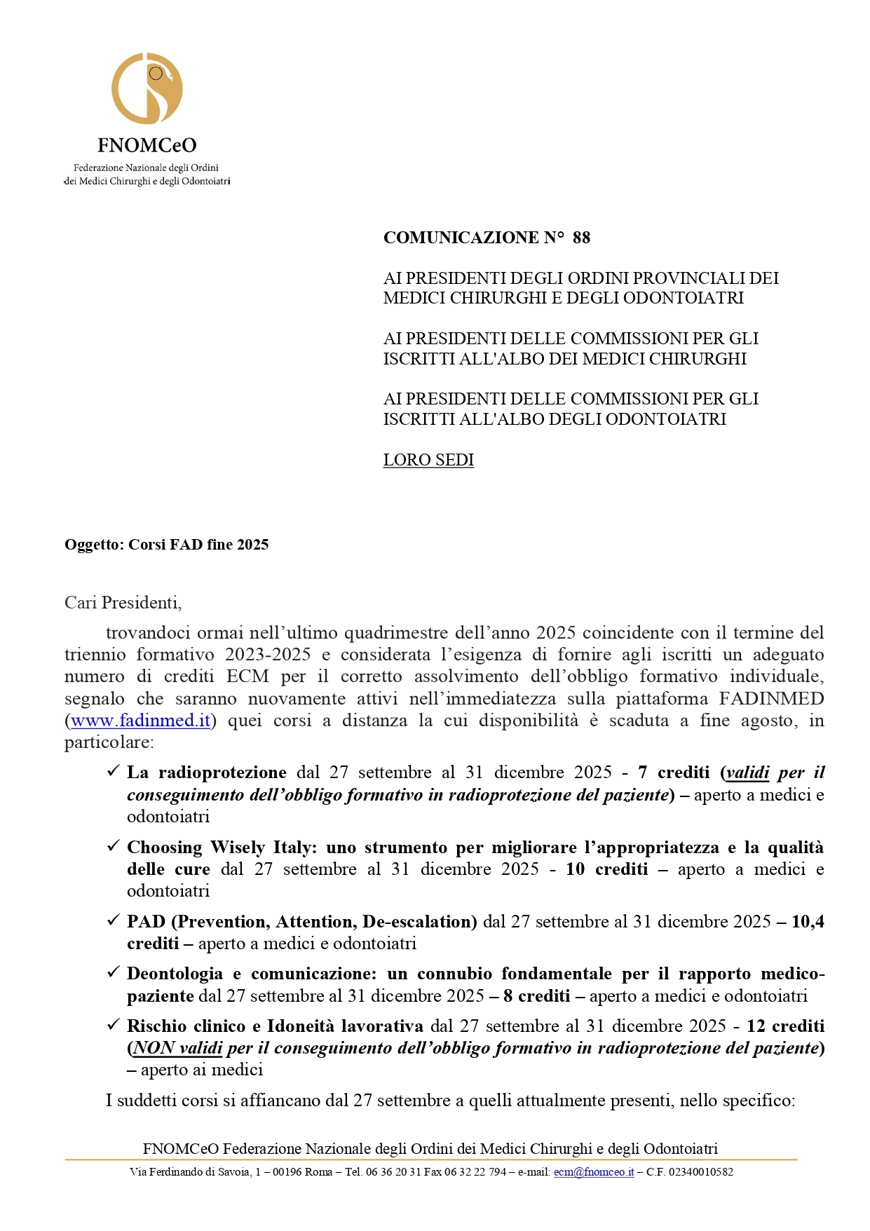 COM N 88 FNOMCeO su corso Radioprotezione 1