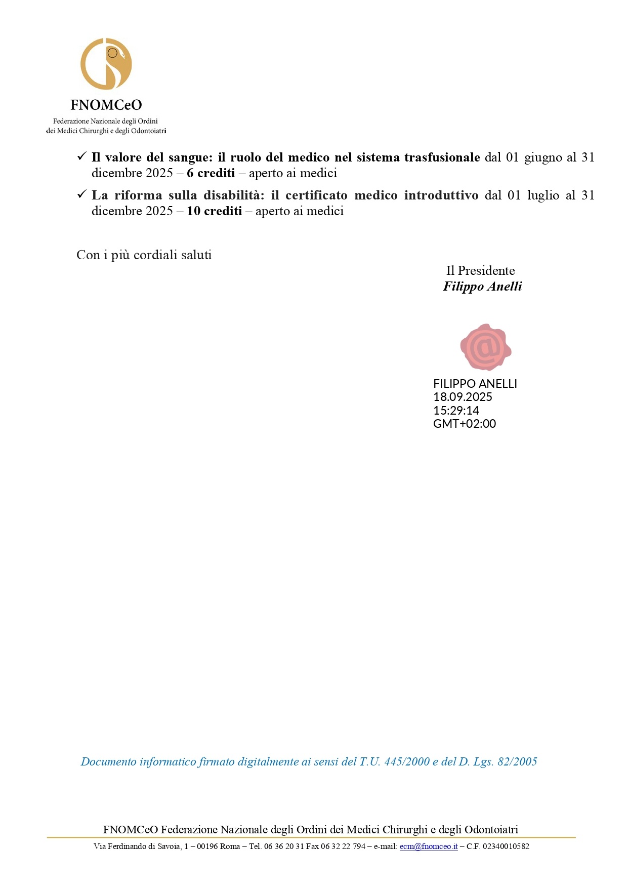 COM N 88 FNOMCeO su corso Radioprotezione 2