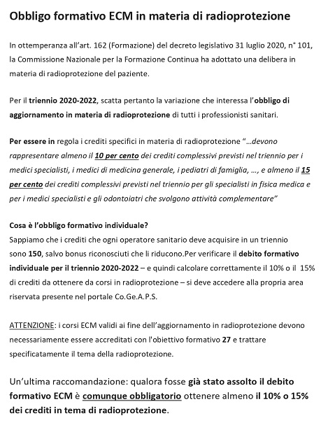 Obbligo formativo ECM in materia di radioprotezione